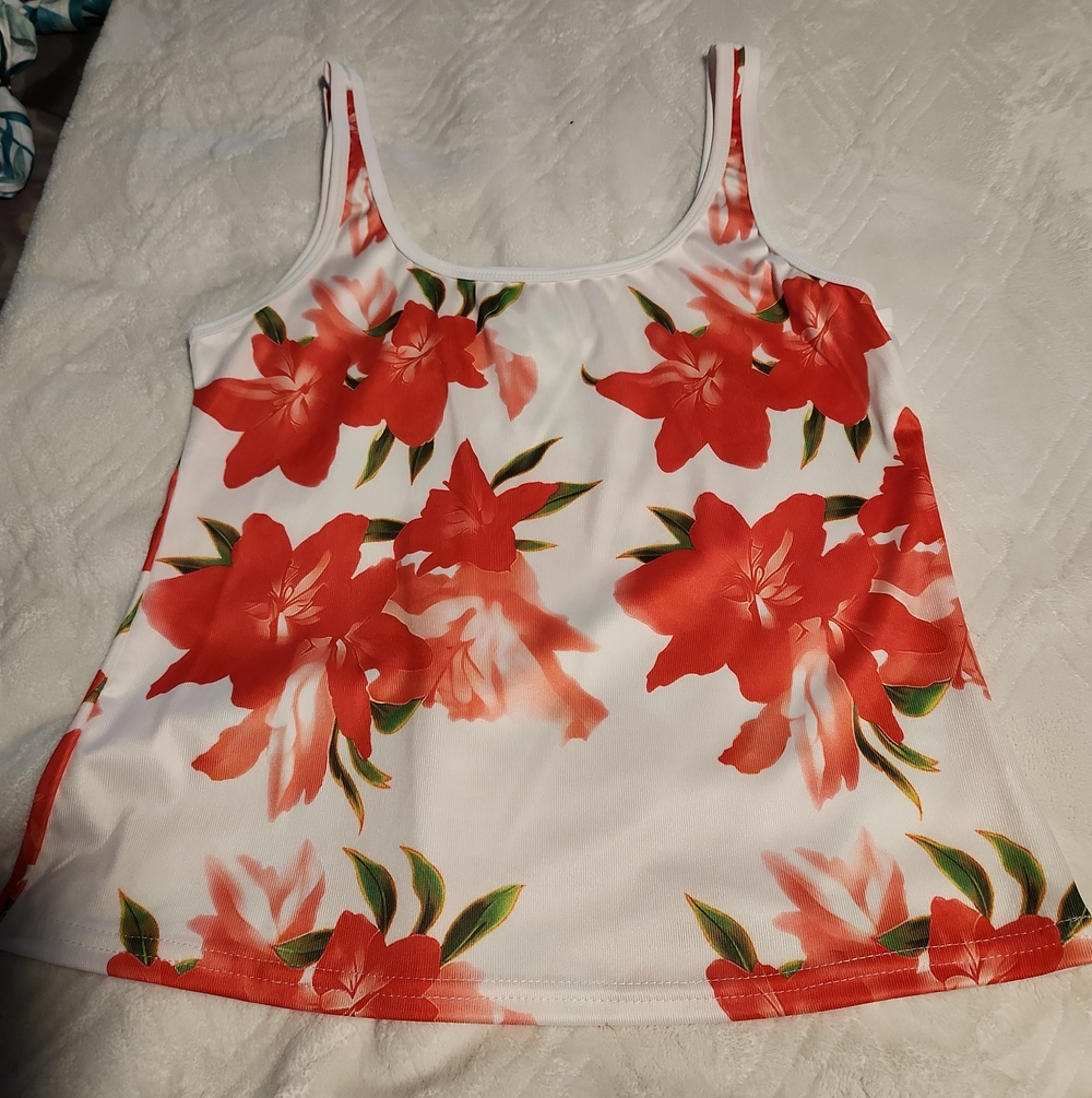 White Floral Tank Top with Red Flower Print